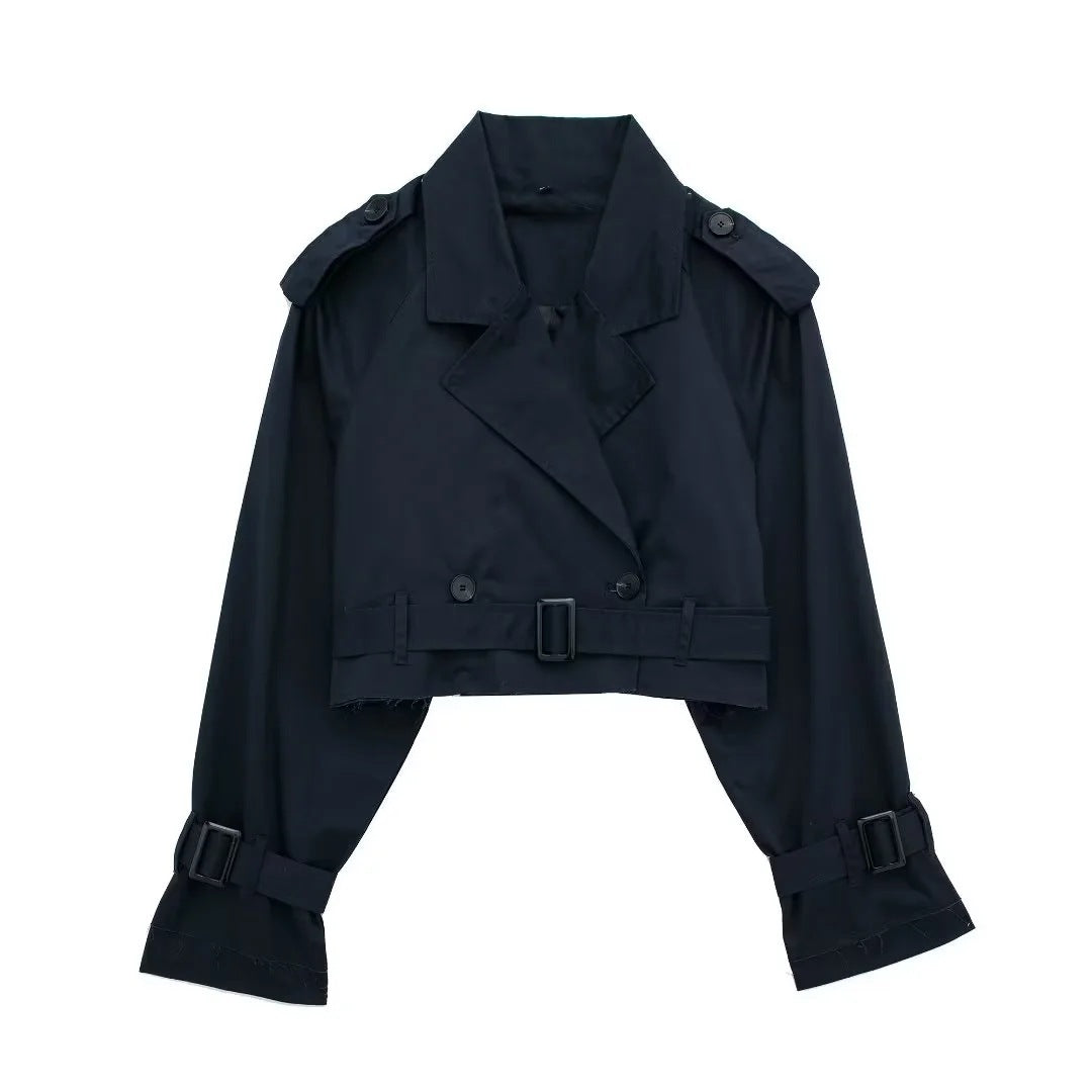 Short Trench Jacket - Belt - Double Breasted - Short Trench Coat - Women's Jacket-Fashion Nora