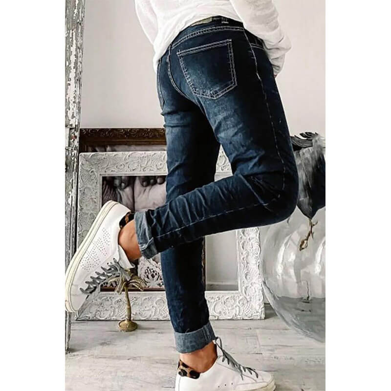 Skinny Jeans | Dark Blue | Button | Low Rise Jeans | Women's Jeans-Fashion Nora