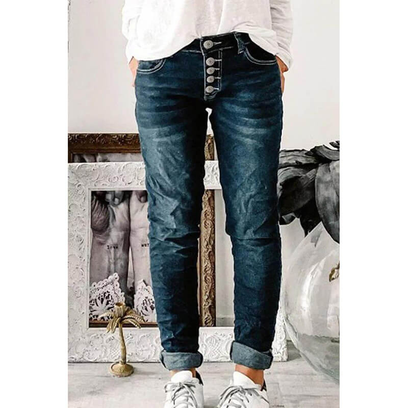 Skinny Jeans | Dark Blue | Button | Low Rise Jeans | Women's Jeans-Fashion Nora