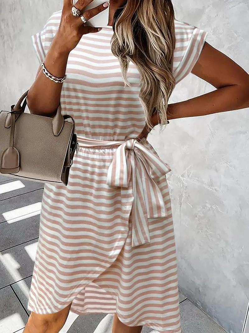 Striped Dress - Belted - Short Sleeve - Sundress - Summer Dress-Fashion Nora