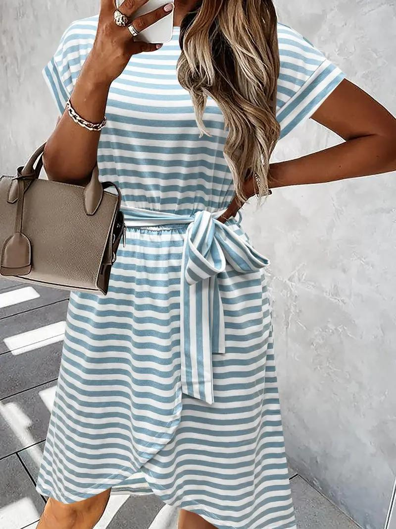 Striped Dress - Belted - Short Sleeve - Sundress - Summer Dress-Fashion Nora