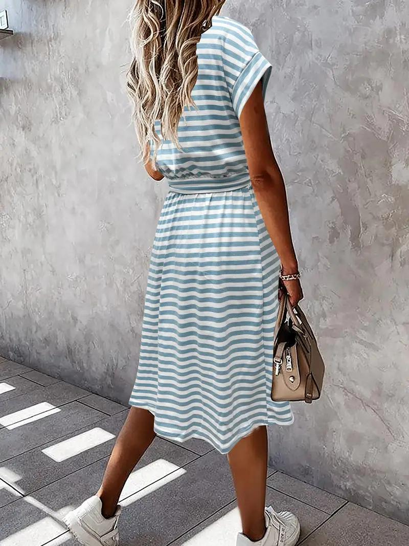 Striped Dress - Belted - Short Sleeve - Sundress - Summer Dress-Fashion Nora
