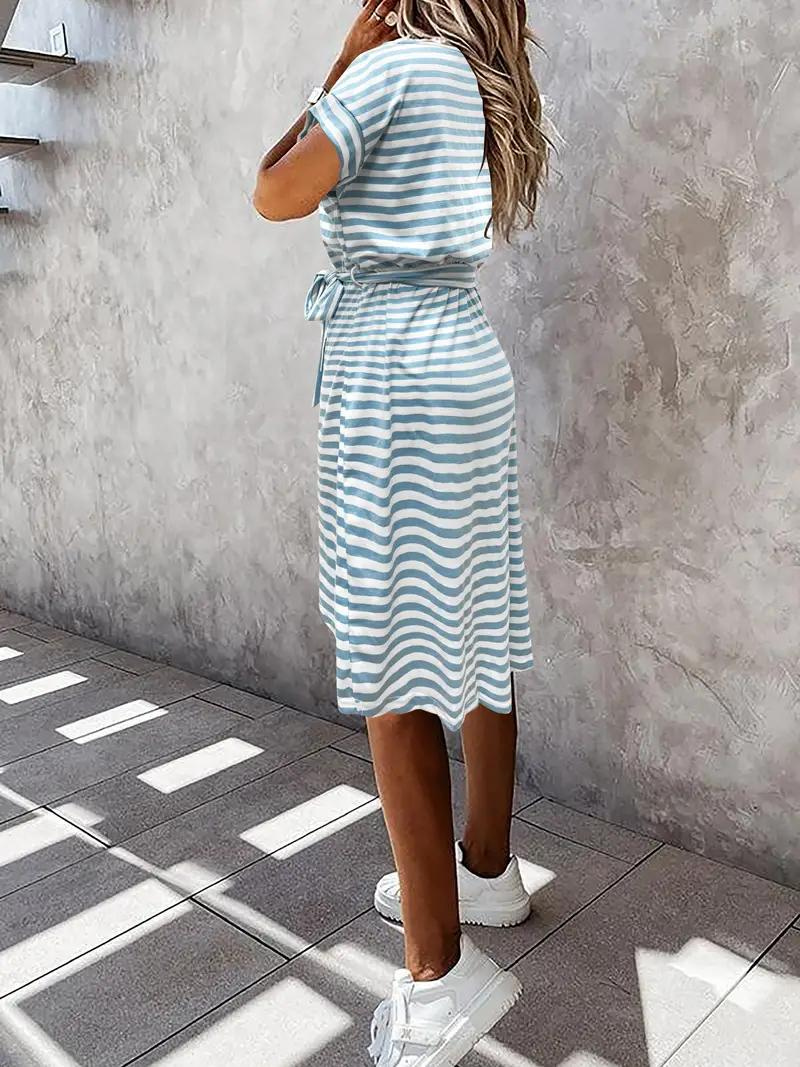 Striped Dress - Belted - Short Sleeve - Sundress - Summer Dress-Fashion Nora