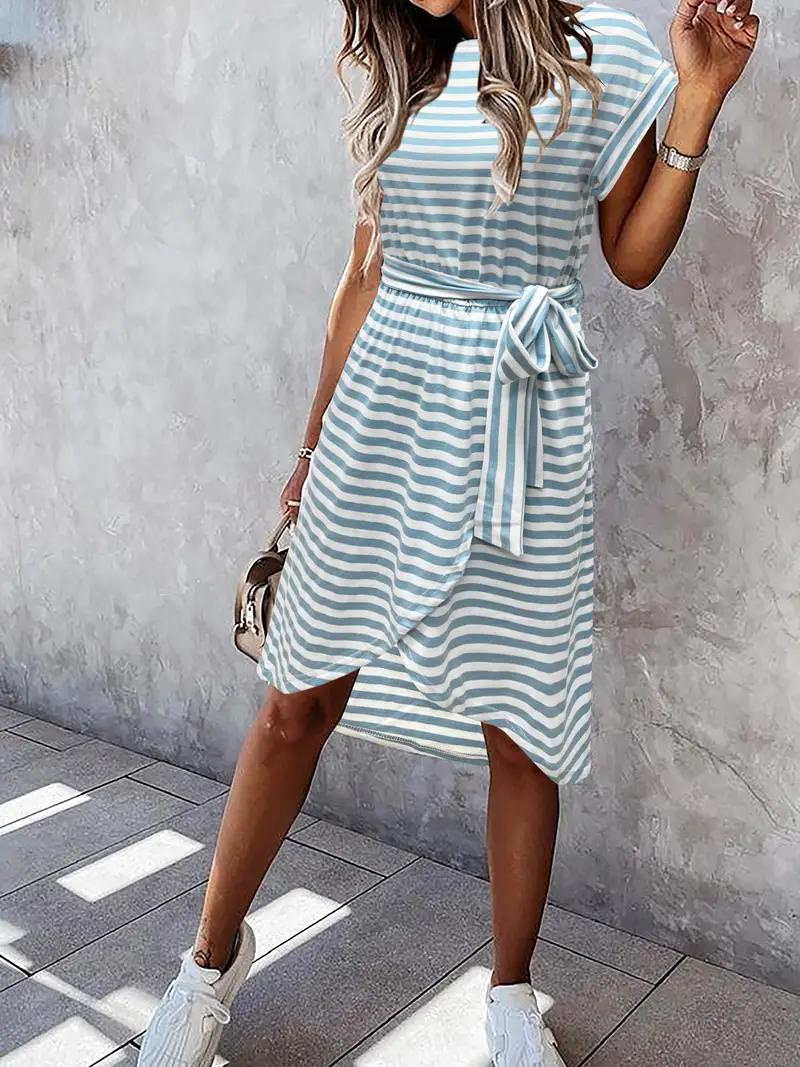 Striped Dress - Belted - Short Sleeve - Sundress - Summer Dress-Fashion Nora