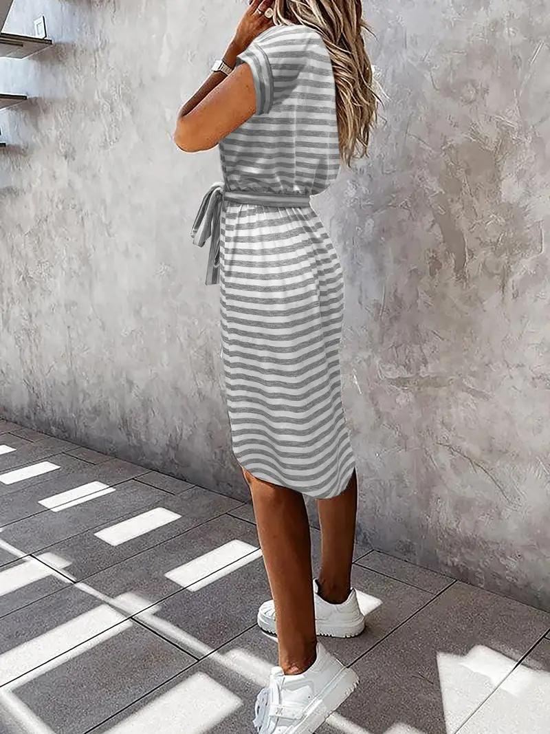 Striped Dress - Belted - Short Sleeve - Sundress - Summer Dress-Fashion Nora