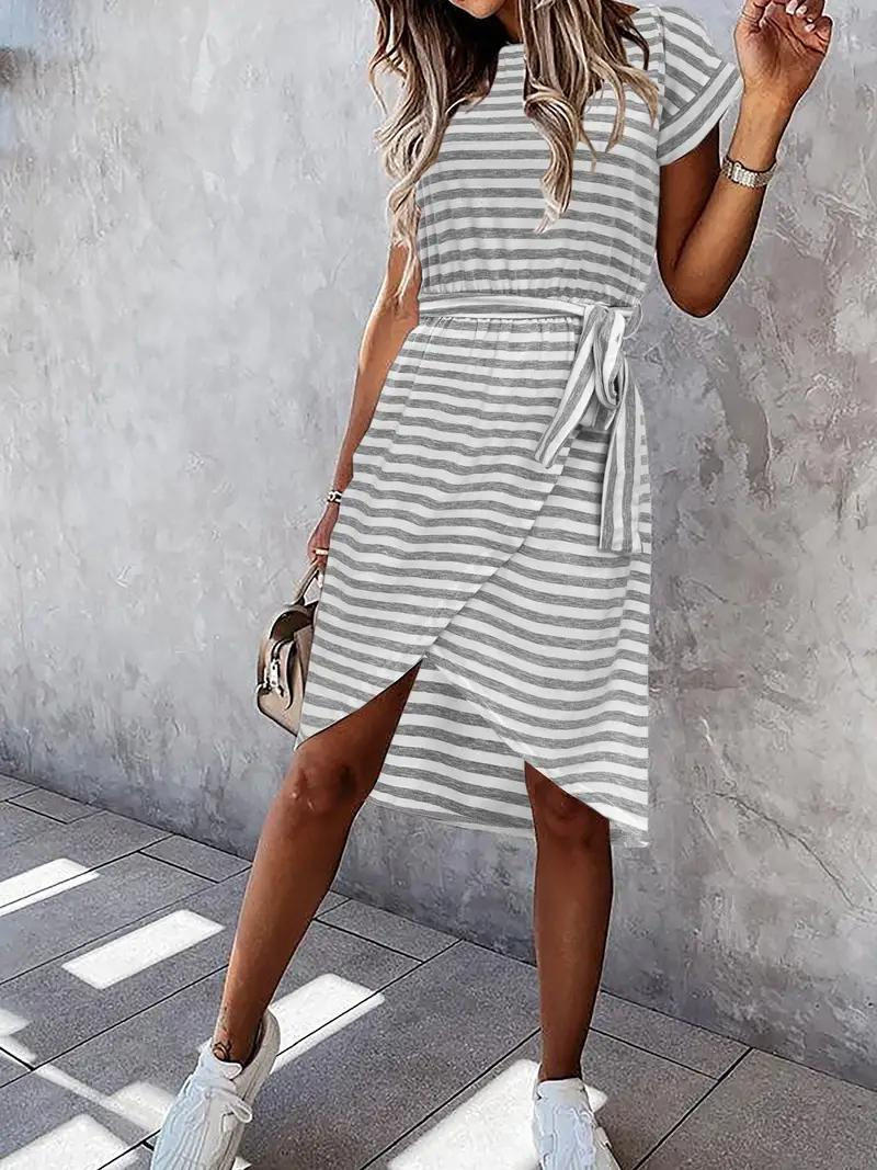 Striped Dress - Belted - Short Sleeve - Sundress - Summer Dress-Fashion Nora