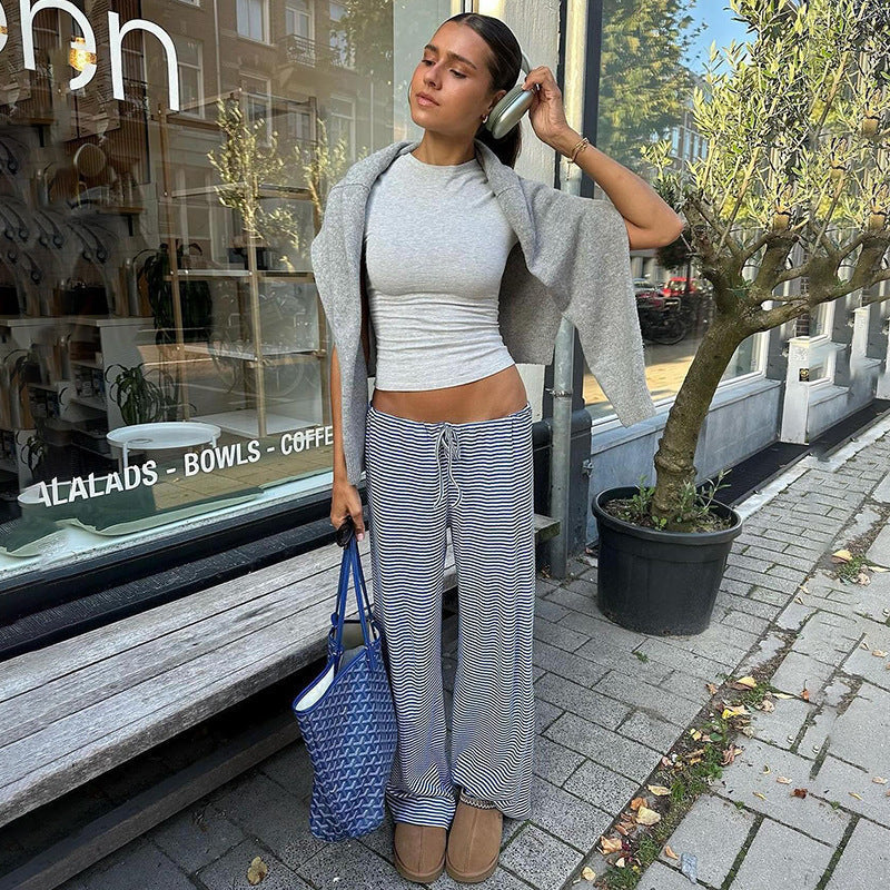 Striped Pants - Women's Loose Fit Drawstring Wide Leg Pants-Fashion Nora