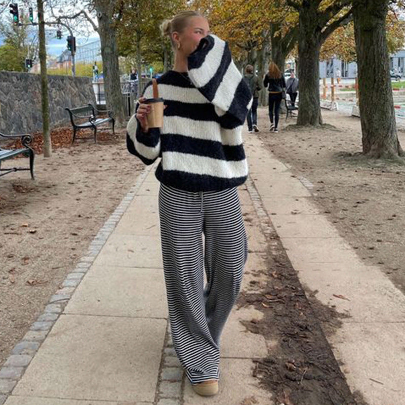 Striped Pants - Women's Loose Fit Drawstring Wide Leg Pants-Fashion Nora