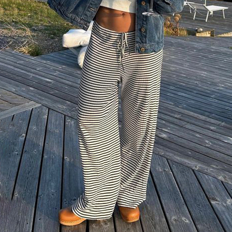 Striped Pants - Women's Loose Fit Drawstring Wide Leg Pants-Fashion Nora