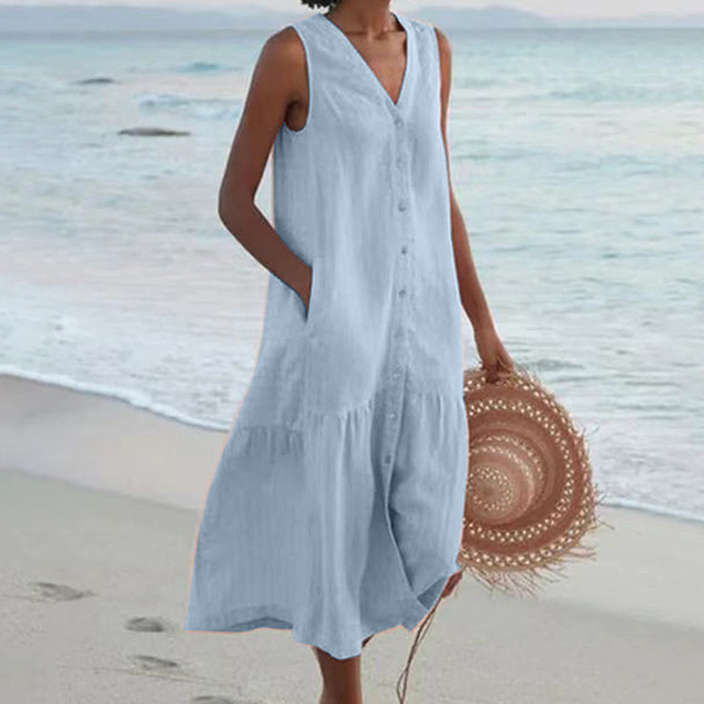 Summer Dress - Loose Fit - Sleeveless - Long Dress - Button-Up Dress-Fashion Nora