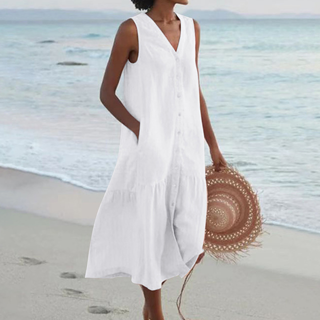 Summer Dress - Loose Fit - Sleeveless - Long Dress - Button-Up Dress-Fashion Nora