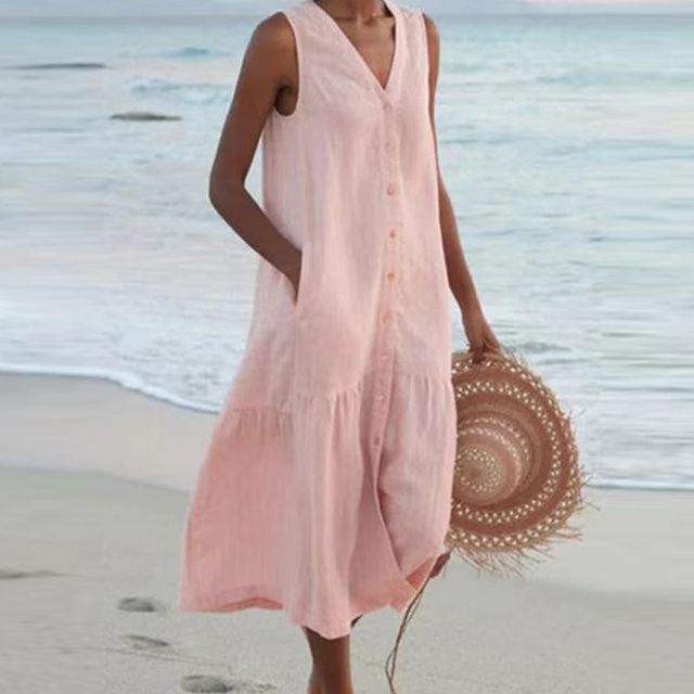 Summer Dress - Loose Fit - Sleeveless - Long Dress - Button-Up Dress-Fashion Nora