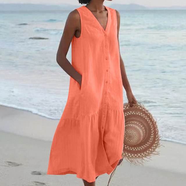 Summer Dress - Loose Fit - Sleeveless - Long Dress - Button-Up Dress-Fashion Nora