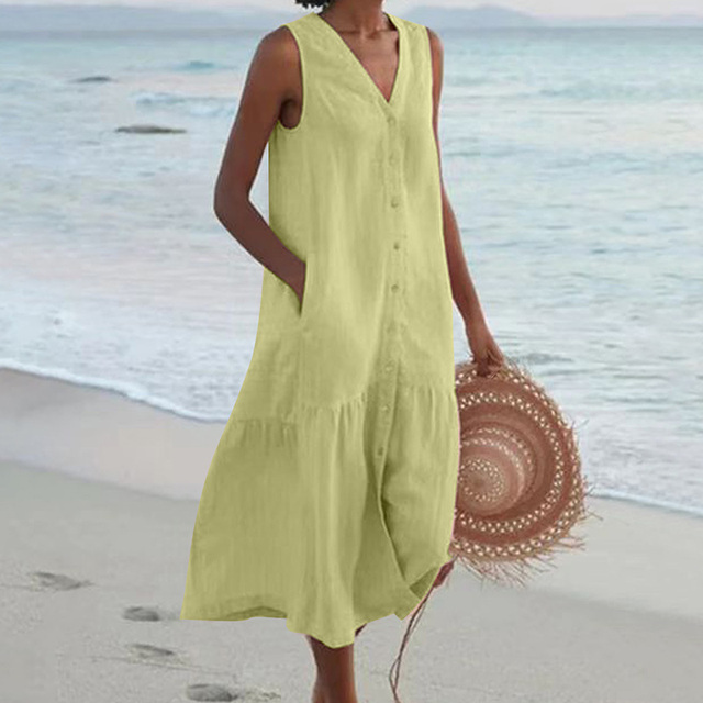 Summer Dress - Loose Fit - Sleeveless - Long Dress - Button-Up Dress-Fashion Nora