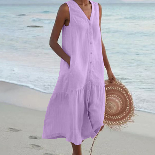 Summer Dress - Loose Fit - Sleeveless - Long Dress - Button-Up Dress-Fashion Nora