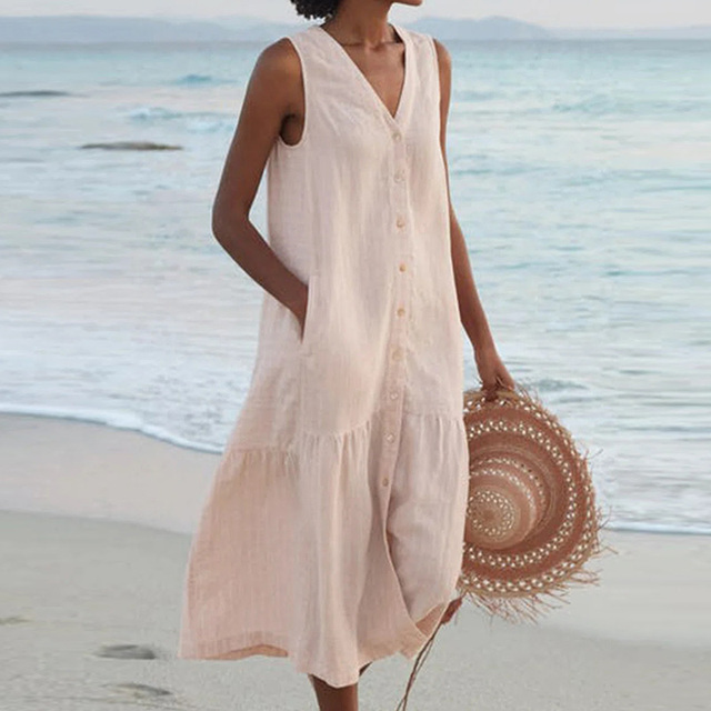Summer Dress - Loose Fit - Sleeveless - Long Dress - Button-Up Dress-Fashion Nora
