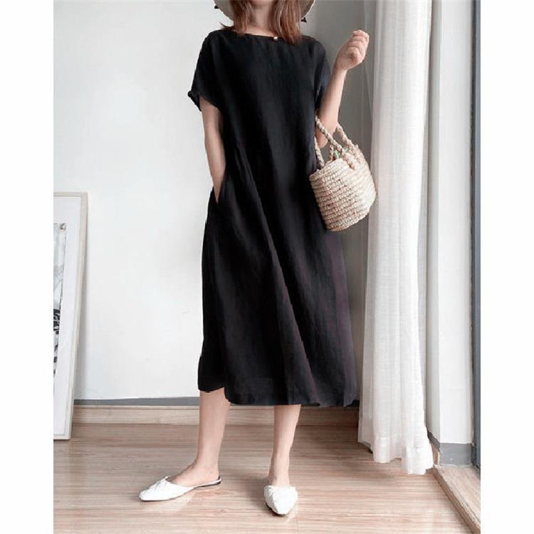 Summer Dress | Short Sleeve | Loose Fit | Midi Dress | Linen Dress-Fashion Nora