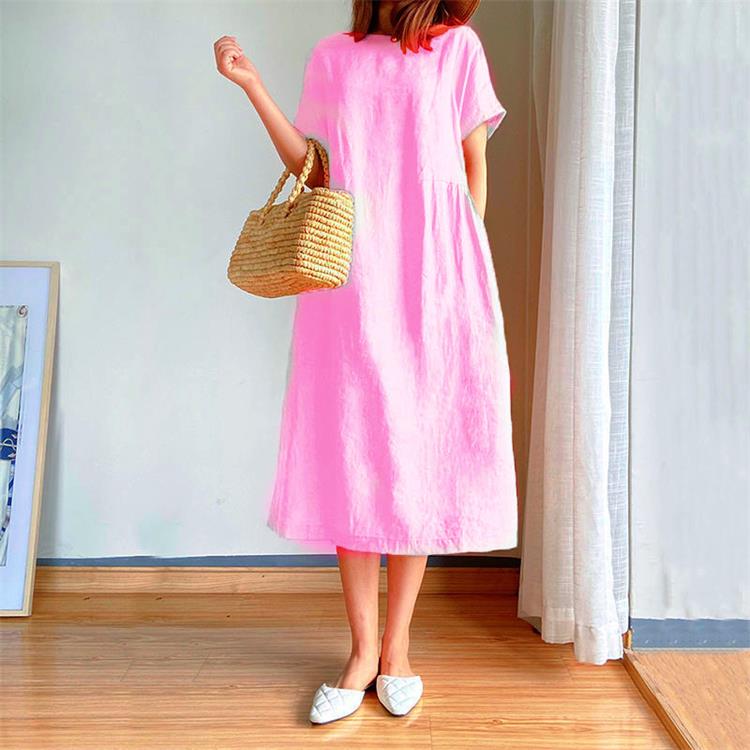 Summer Dress | Short Sleeve | Loose Fit | Midi Dress | Linen Dress-Fashion Nora