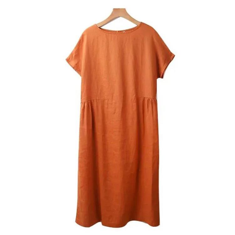 Summer Dress | Short Sleeve | Loose Fit | Midi Dress | Linen Dress-Fashion Nora