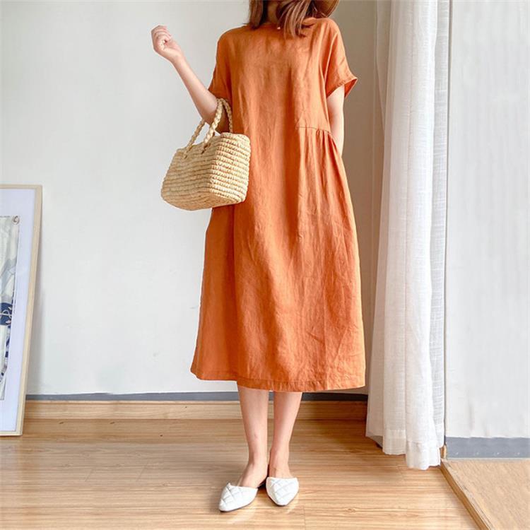 Summer Dress | Short Sleeve | Loose Fit | Midi Dress | Linen Dress-Fashion Nora