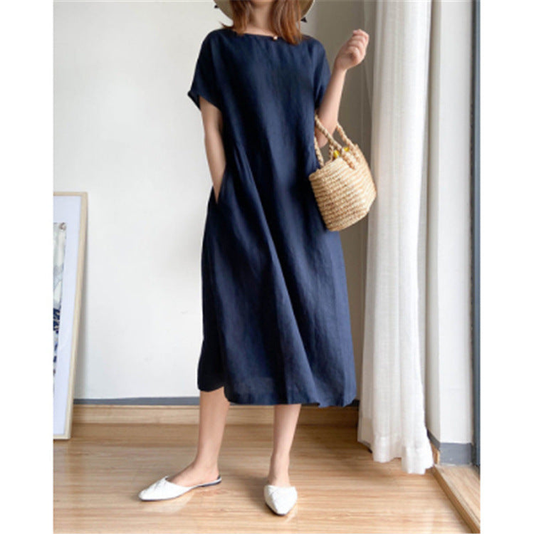 Summer Dress | Short Sleeve | Loose Fit | Midi Dress | Linen Dress-Fashion Nora