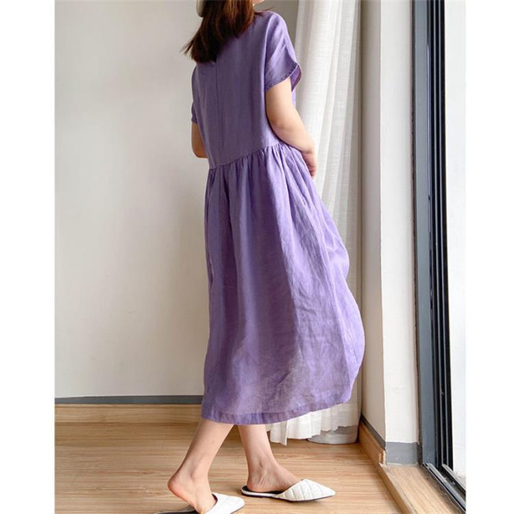 Summer Dress | Short Sleeve | Loose Fit | Midi Dress | Linen Dress-Fashion Nora