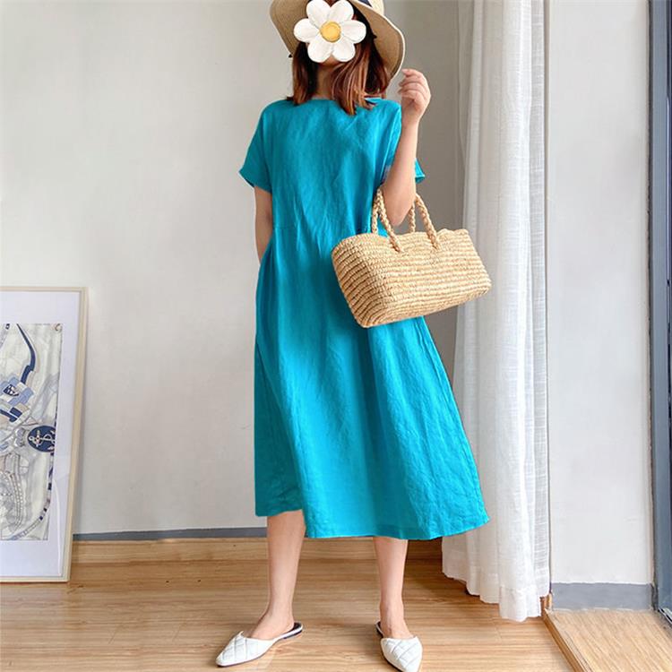 Summer Dress | Short Sleeve | Loose Fit | Midi Dress | Linen Dress-Fashion Nora