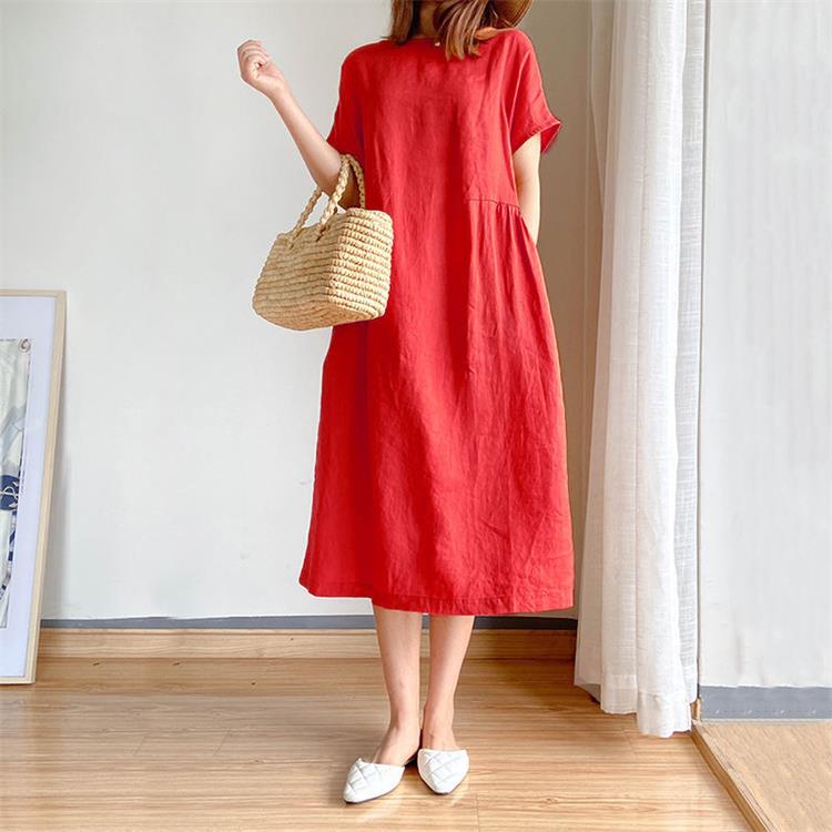 Summer Dress | Short Sleeve | Loose Fit | Midi Dress | Linen Dress-Fashion Nora