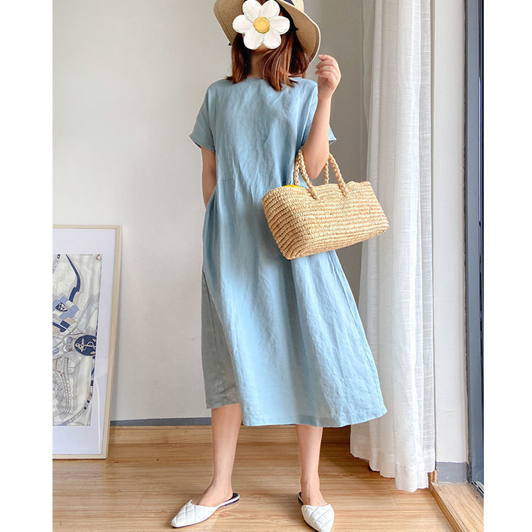 Summer Dress | Short Sleeve | Loose Fit | Midi Dress | Linen Dress-Fashion Nora