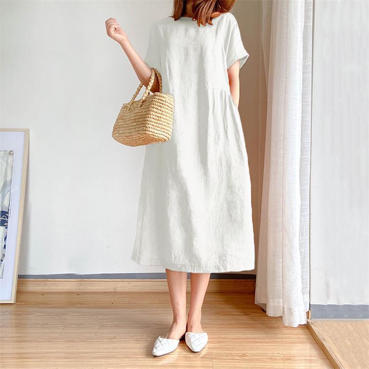 Summer Dress | Short Sleeve | Loose Fit | Midi Dress | Linen Dress-Fashion Nora