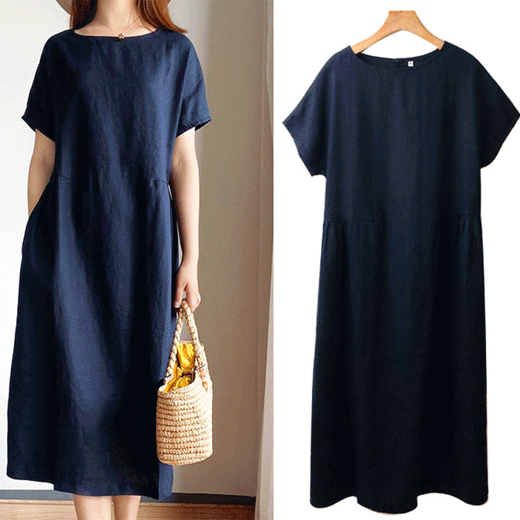 Summer Dress | Short Sleeve | Loose Fit | Midi Dress | Linen Dress-Fashion Nora