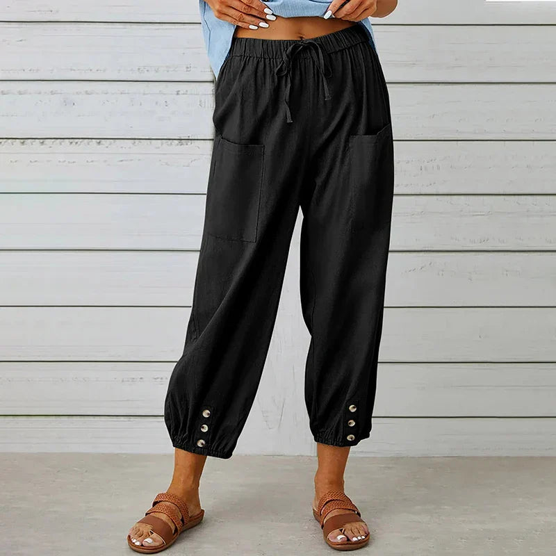 Summer Pants - Women's Lightweight Elastic Waist Linen Blend Pants-Fashion Nora