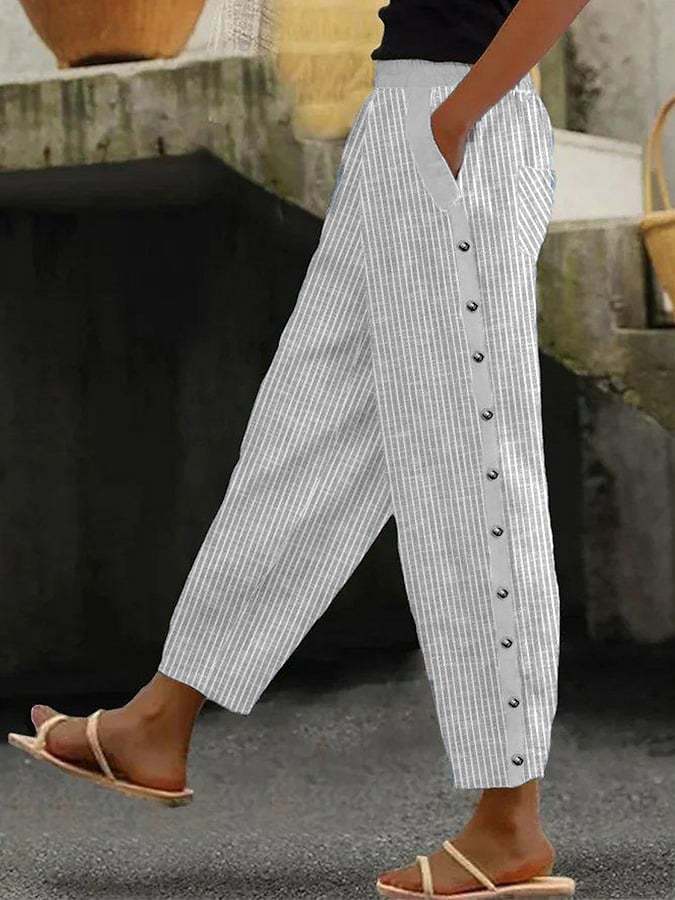 Summer Pants - Women's Loose Fit Linen Side Button Trousers-Fashion Nora