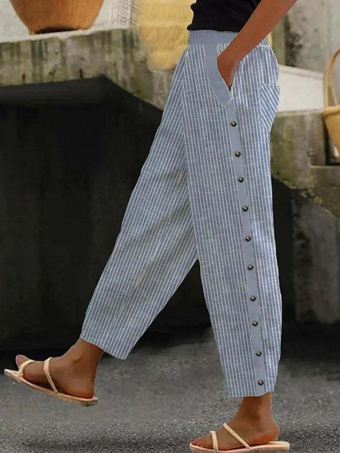 Summer Pants - Women's Loose Fit Linen Side Button Trousers-Fashion Nora