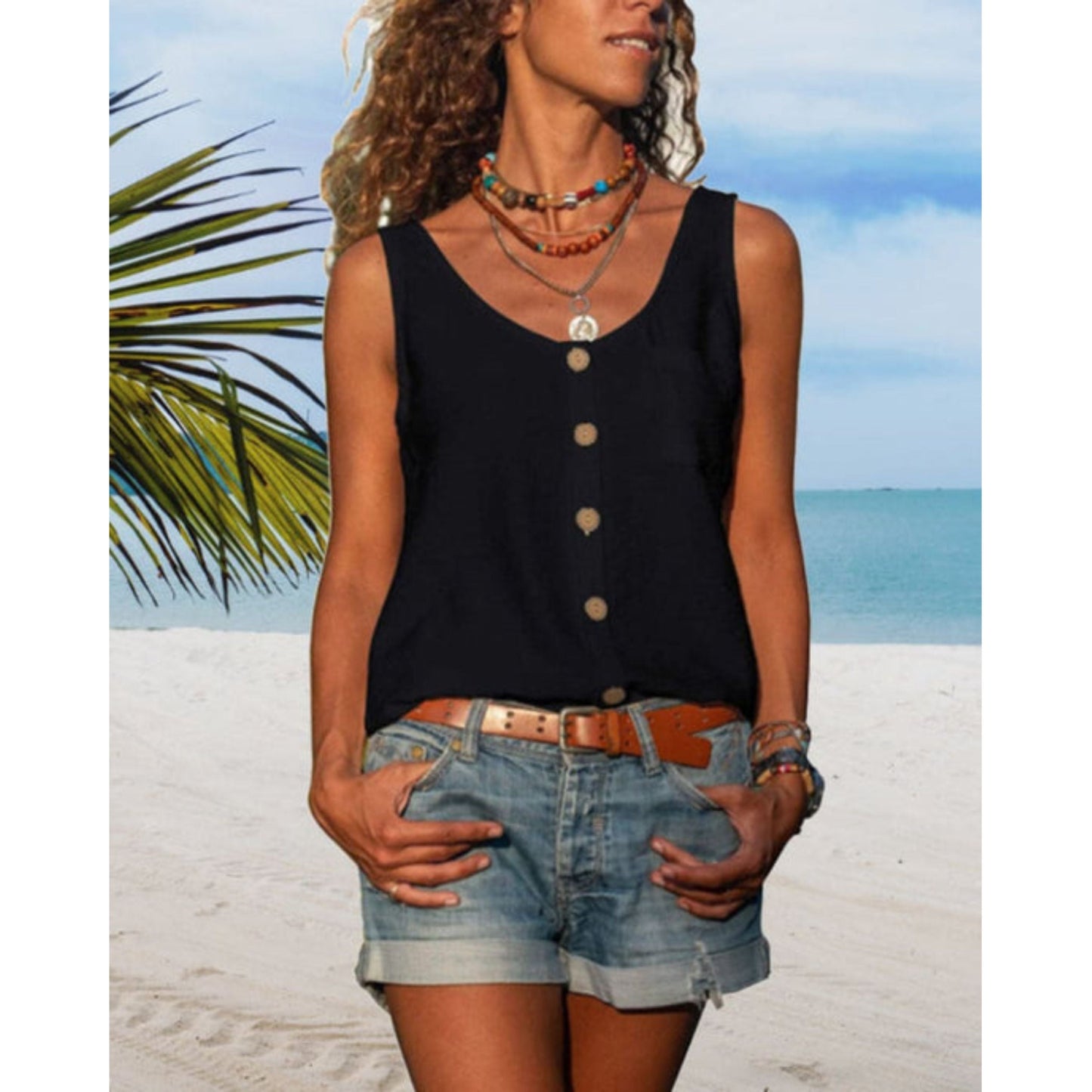 Summer Top | Loose Fit | Button Front | Sleeveless Top | Women's Top-Fashion Nora