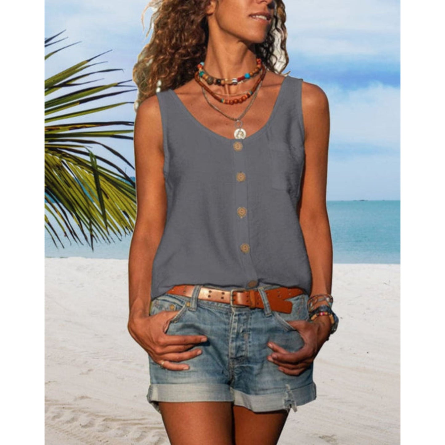 Summer Top | Loose Fit | Button Front | Sleeveless Top | Women's Top-Fashion Nora