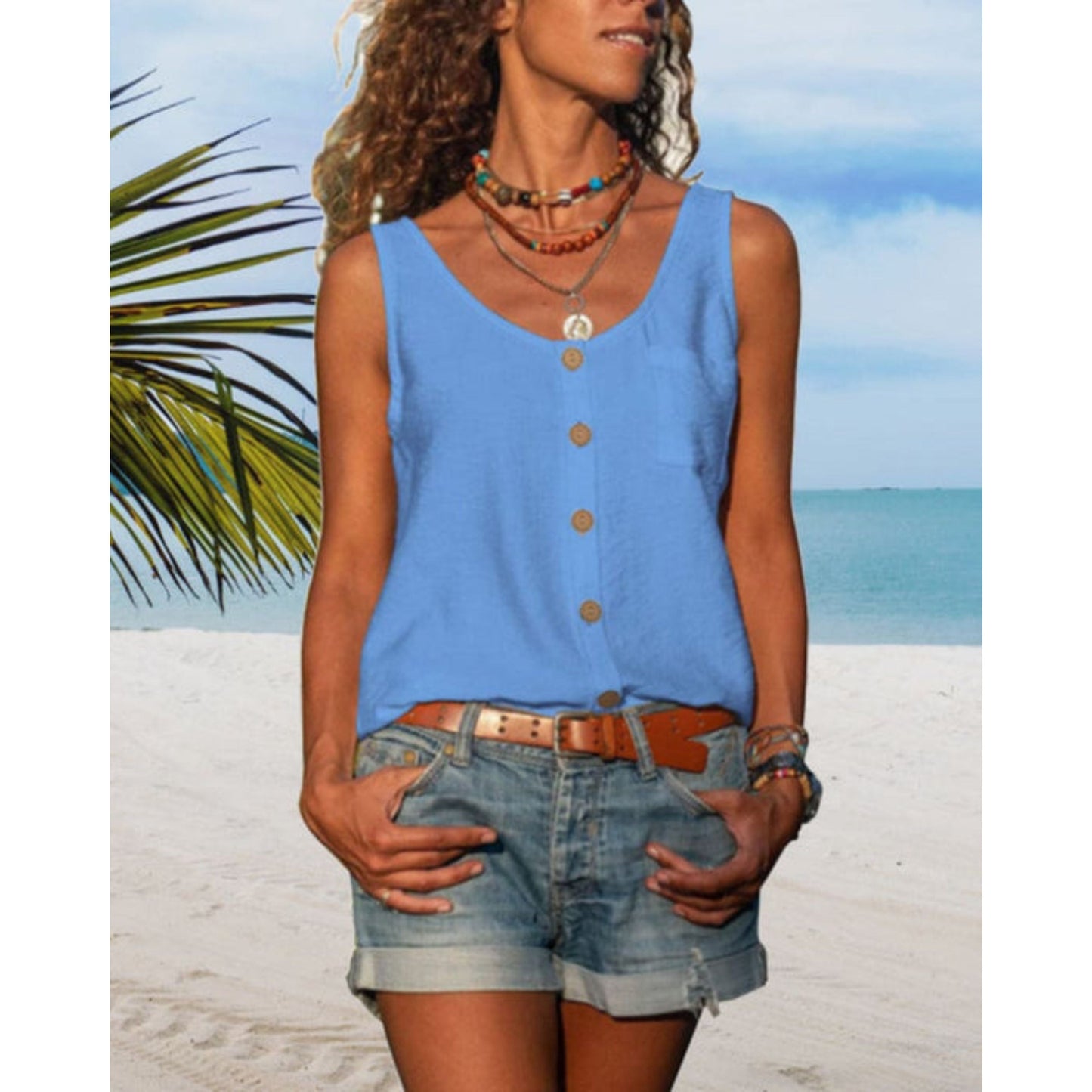 Summer Top | Loose Fit | Button Front | Sleeveless Top | Women's Top-Fashion Nora