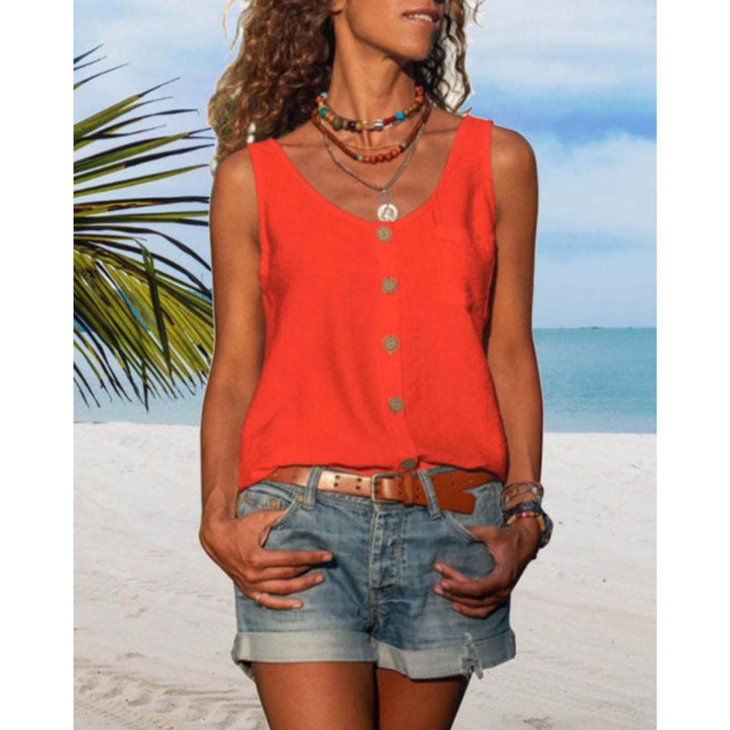 Summer Top | Loose Fit | Button Front | Sleeveless Top | Women's Top-Fashion Nora