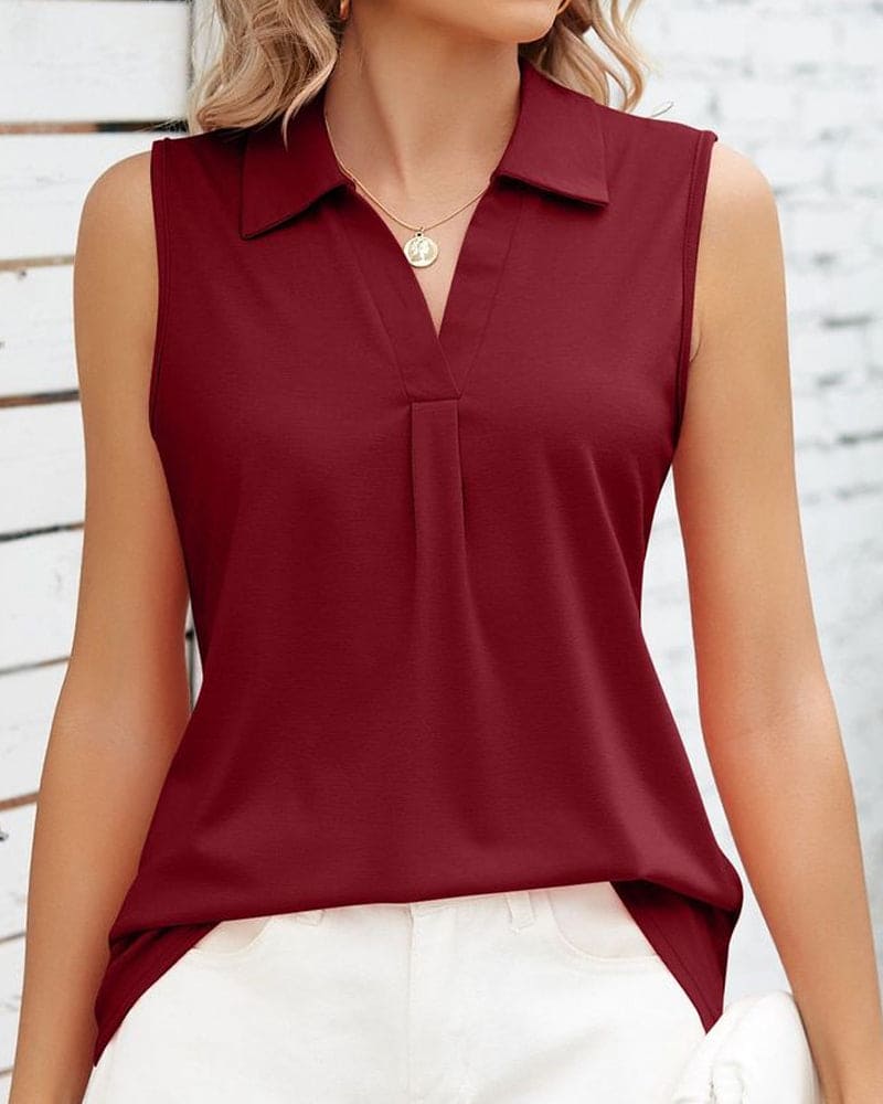 Summer Top - Sleeveless - V-Neck - Collared Top - Women's Clothing-Fashion Nora