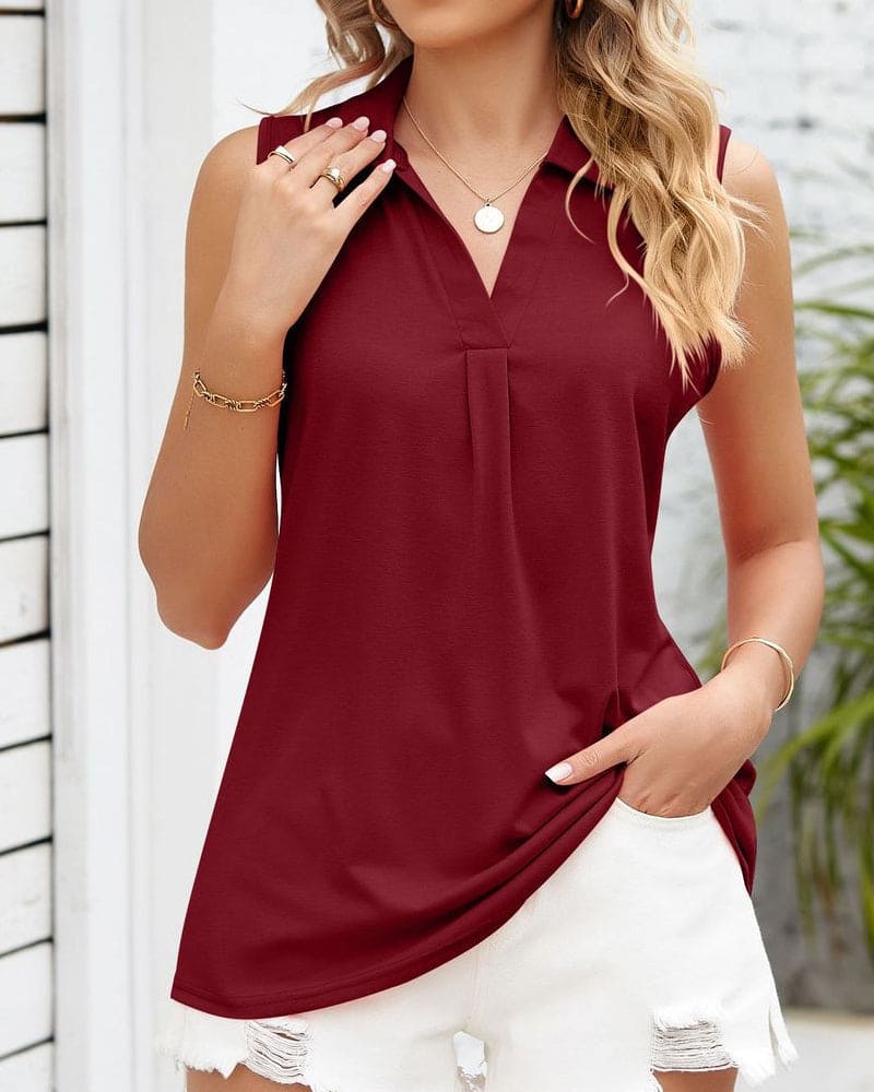 Summer Top - Sleeveless - V-Neck - Collared Top - Women's Clothing-Fashion Nora