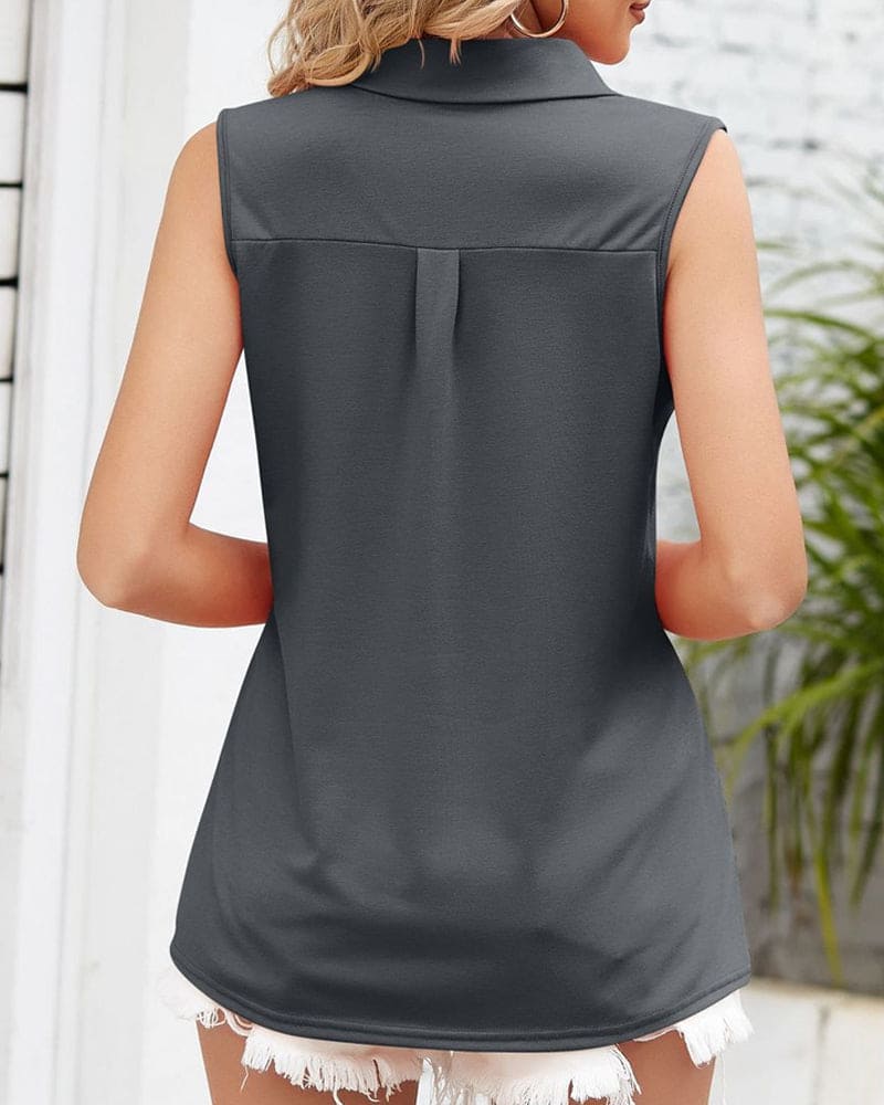 Summer Top - Sleeveless - V-Neck - Collared Top - Women's Clothing-Fashion Nora
