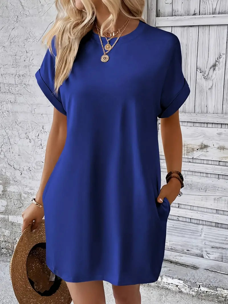 T-Shirt Dress, Short Sleeve, Pockets, Short Dress, Loose Fit-Fashion Nora