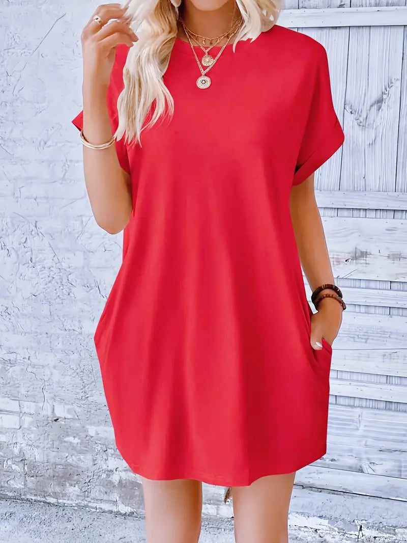 T-Shirt Dress, Short Sleeve, Pockets, Short Dress, Loose Fit-Fashion Nora