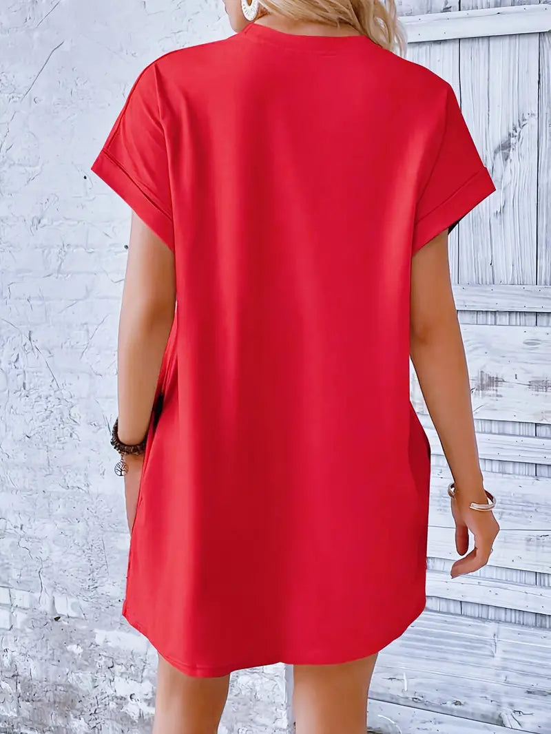 T-Shirt Dress, Short Sleeve, Pockets, Short Dress, Loose Fit-Fashion Nora