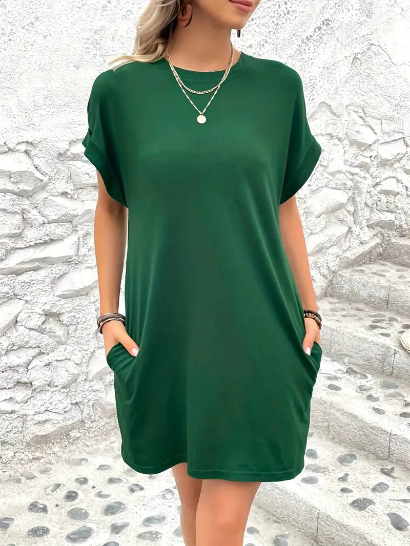 T-Shirt Dress, Short Sleeve, Pockets, Short Dress, Loose Fit-Fashion Nora