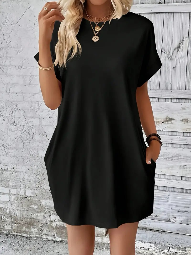 T-Shirt Dress, Short Sleeve, Pockets, Short Dress, Loose Fit-Fashion Nora