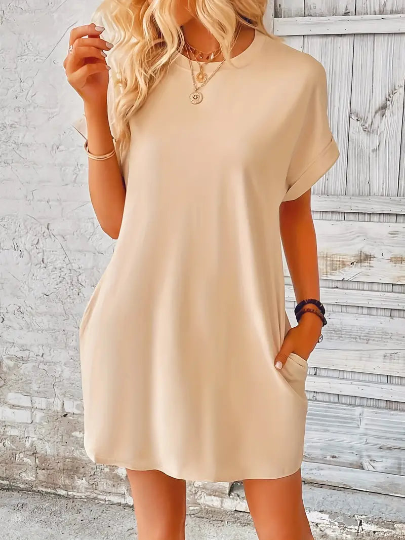 T-Shirt Dress, Short Sleeve, Pockets, Short Dress, Loose Fit-Fashion Nora