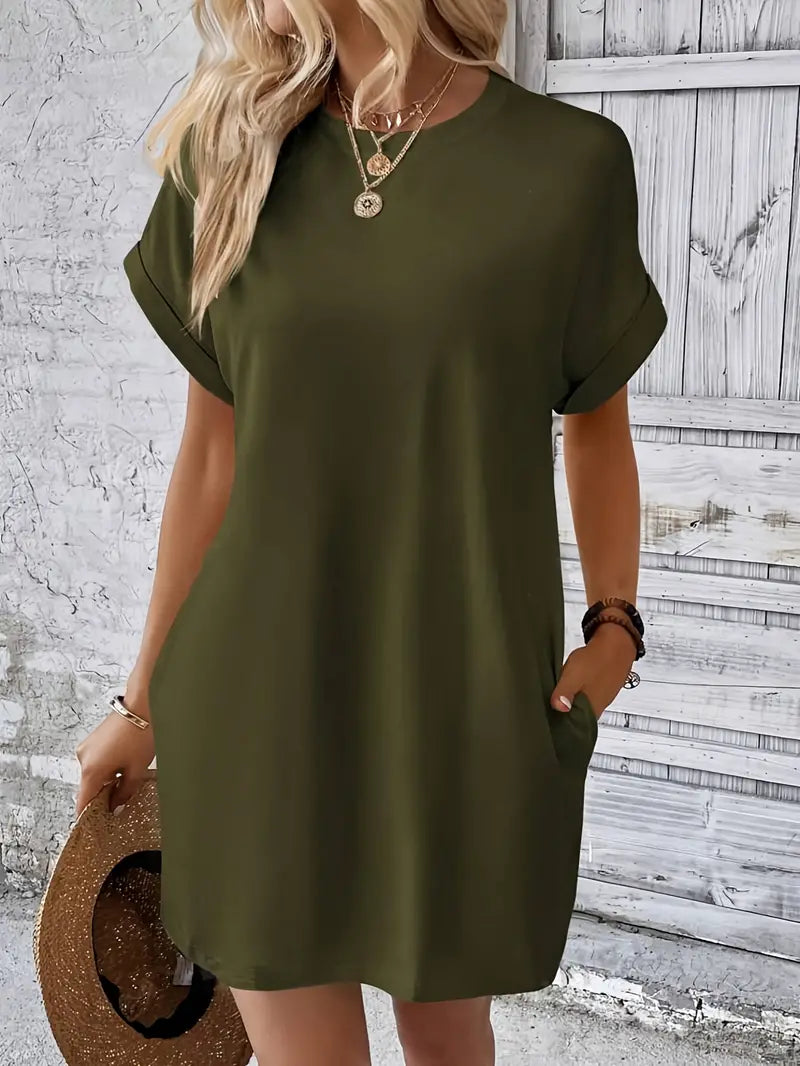 T-Shirt Dress, Short Sleeve, Pockets, Short Dress, Loose Fit-Fashion Nora