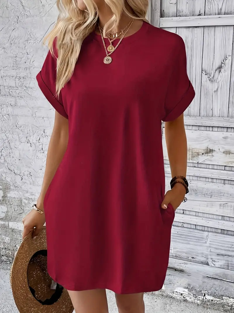 T-Shirt Dress, Short Sleeve, Pockets, Short Dress, Loose Fit-Fashion Nora