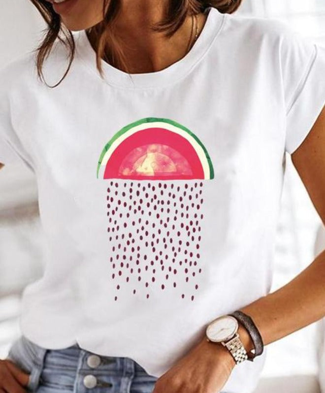 T-Shirt - Women's Crew Neck White Printed T-Shirt-Fashion Nora